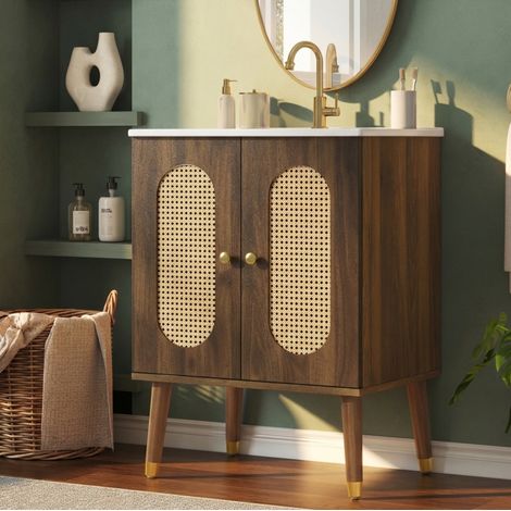 Badezimmermöbel mit Waschbecken 61 cm, aus MDF und Keramik, Walnussfarben OKMYHOME (1/5)