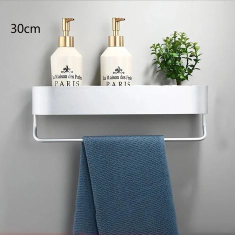 Étagère de salle de bain nordique (30 cm, finition mate, avec tige) - Fixation murale sans perçage - Porte-serviettes de bain - Panier de rangement noir pour douche - Accessoires de salle de bain (1/5)