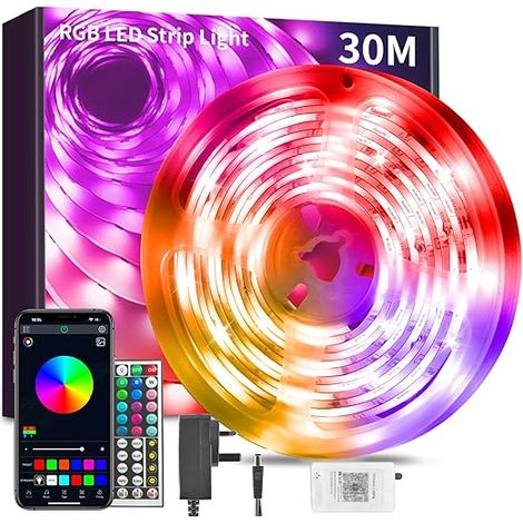 Bande LED flexible hw30M avec synchronisation musicale RGB, Bluetooth et changement de couleur, contrôlée par application intelligente et télécommande.
