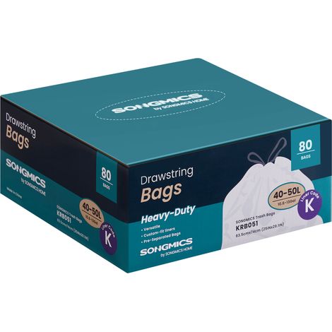 Sacs Poubelles Résistants, Sacs Poubelles à Liens Coulissants pour Poubelles de Cuisine 50 L, Pré-séparés, Code du Sac K, 2 Rouleaux, 80 Pièces, Blanc (1/5)