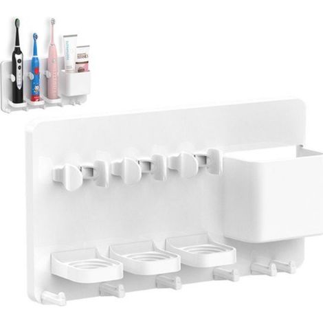 Porte-brosse à dents mural universel, support autocollant ajustable avec rangement pour tête de brosse et rasoir, système de séchage pour salle de bain, blanc (1/5)