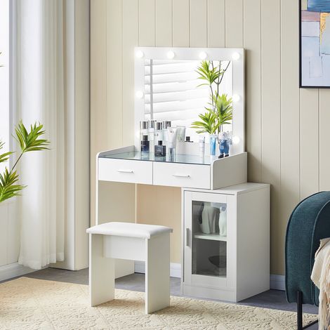 Clipop – Coiffeuse avec miroir LED et tabouret rembourré – Éclairage réglable 3 couleurs – Verre trempé – Dimensions 80x40x140 cm – Blanc (1/5)