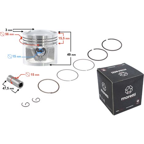 Piston Moretti 125 cm³ pour moto 4 temps, diamètre : 56,4 mm, largeur : 15 mm, course : 23 mm, complet (1/3)