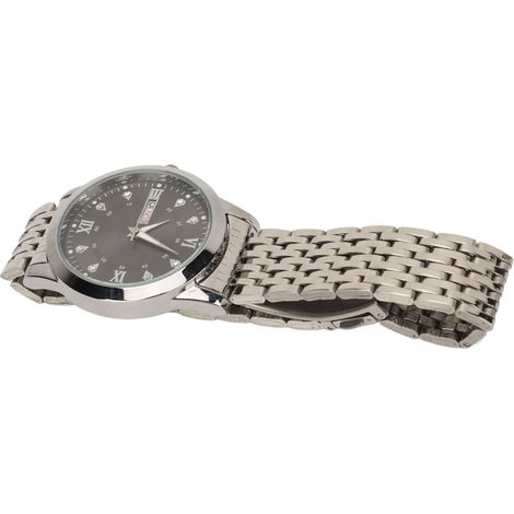Montre homme à quartz jour/date étanche, élégante et lumineuse, avec bracelet en alliage, coloris argent et noir. Idéale pour les affaires. (1/5)
