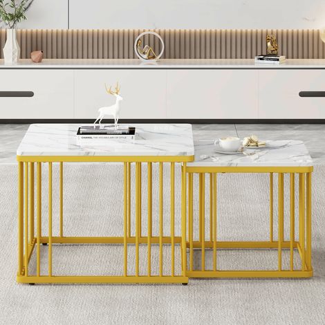 Set de Tables Basses 2 Pièces - Grand 60x60x45 cm + Petit 45x45x40 cm - Plateau Marbre Brillant - Pieds Dorés Réglables - Structure MDF - Blanc (1/5)