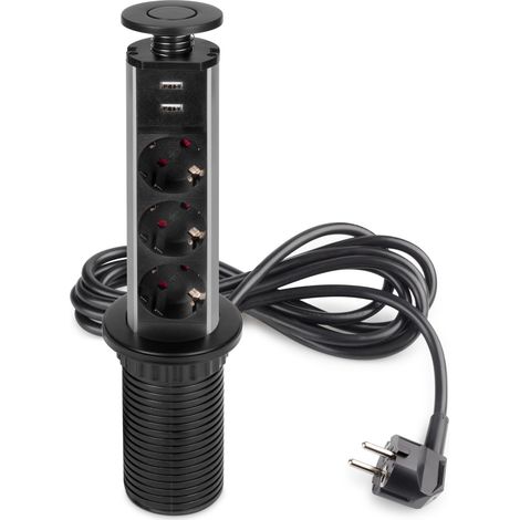 Emuca abnehmbarer Multistecker Vertikal, 3 Schuko-Stecker, 2 USB Typ A, Kunststoff und Aluminium, Schwarz metallic (1/5)
