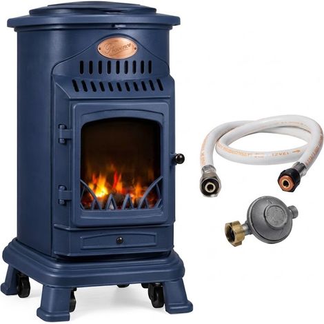 Poêle à gaz 3,4 kW bleu saphir mat – Fonte véritable – Allumage piézo électrique – Pour pièces jusqu'à 80 m² – Sahara