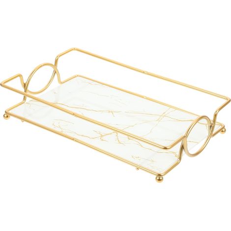 Porte-Plateau de Salle de Bain en Fer et Verre Blanc Surface Marbrée Lisse, Facile à Entretenir, pour Organiser Bijoux et Cosmétiques sur Coiffeuse'-'- (1/5)