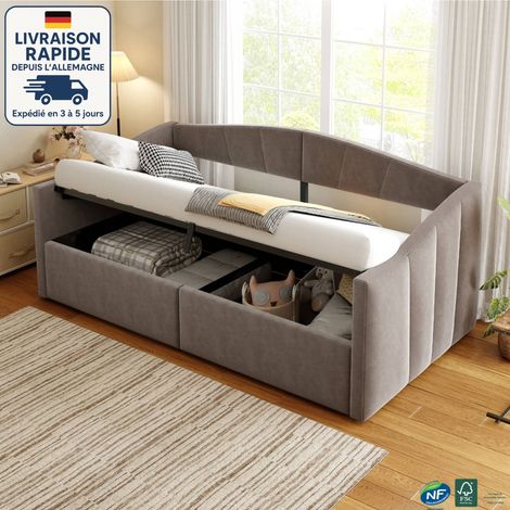 MODFU - Divano letto in velluto 90×200 cm, letto contenitore, rete a doghe, MDF, senza materasso, grigio (1/5)