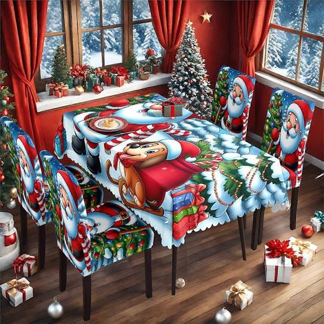Ensemble complet de nappe et housse de chaise de Noël Père Noël TC-113 (nappe imperméable 140 x 210 cm + 4 housses de chaise) (1/4)