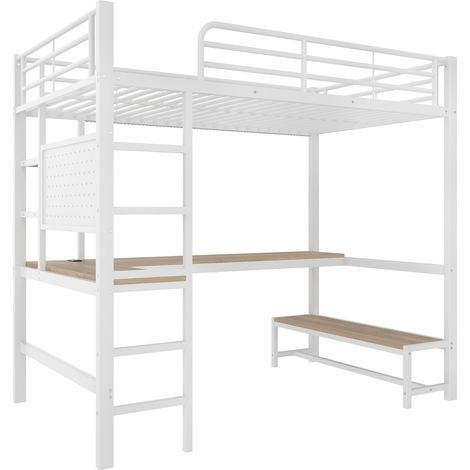 Letto a soppalco 90 x 200 cm in metallo bianco con scrivania, LED e presa USB-C (1/5)