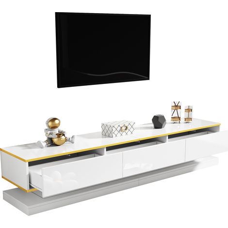 200 cm TV Stand with 3 Drawers, High Gloss Warm White, Gold Trim – Large Storage, Low Profile