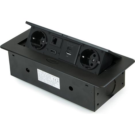 Bloc multiprise escamotable pour encastrer au Bureau, Bloc multiprise Plan de Travail (Prise EU Type F, USB A+C, RJ45 et HDMI), 265x120mm, Peint en Noir (1/5)