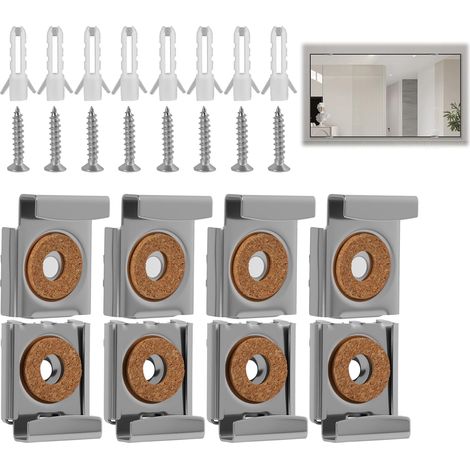 Lot de 8 Kit de Montage Mural, Fixations de Miroir Sans Cadre en Acier Inoxydable, Supports Muraux à Ressort avec Vis et Chevilles, Clips de Montage pour Miroirs de Salle de Bain et Toilettes (1/5)