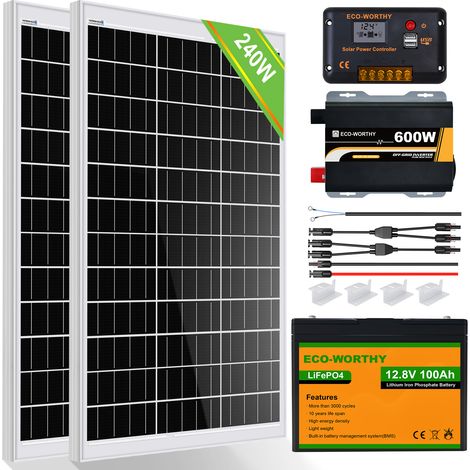 Eco-Worthy – Kit solaire 240W 12V avec batterie LiFePO4 100Ah – Onduleur 600W 12V – Contrôleur de charge 30A – Pour maison, camping-car, bateau