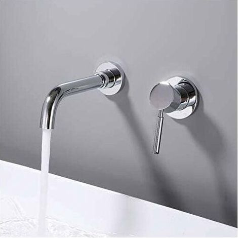 Mitigeur de lavabo mural moderne 2 trous, finition chromée, robinet de salle de bain à levier unique, fixé au mur, design contemporain H&C, ensemble de robinetterie. (1/5)