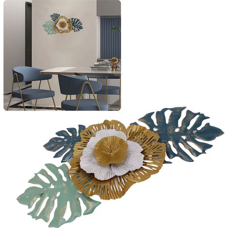 Décoration murale florale en fer forgé bleu, élément décoratif mural en métal créatif pour la chambre et le salon, suspension murale simple et moderne. (1/5)
