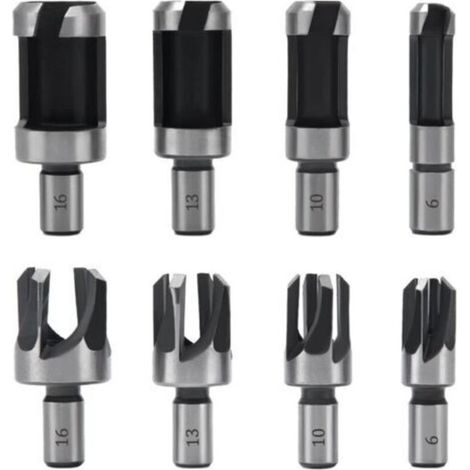 Juego de 8 brocas para tapones, brocas de 6 mm/10 mm/13 mm/16 mm, acero al carbono, brocas para madera, brocas cónicas y de garra para madera - Crezuo