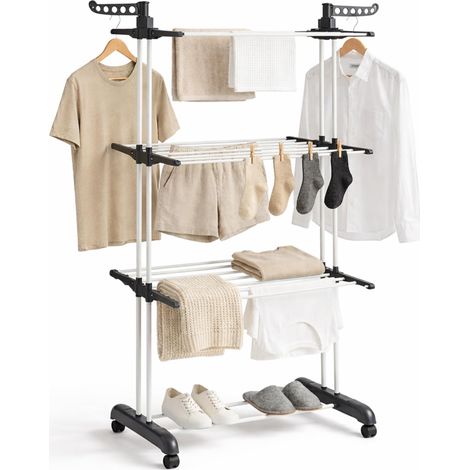 Étendoir à Linge Intérieur Pliable, Séchoir à Linge Vertical 4 Niveaux avec Ailes, 35 kg, Acier Inoxydable, avec roulettes, Gain de Place (Gris/Blanc) (1/5)
