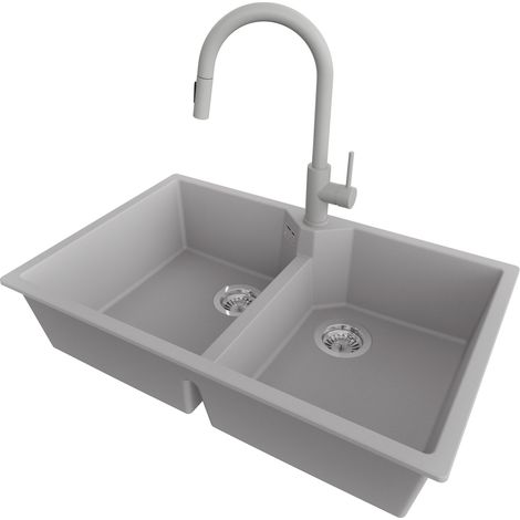 PRIMAGRAN Evier Cuisine en Granit 78x50cm,Lavabo 2 bacs + Robinet 40x20cm + Kit de Vidage, Évier à Encastrer au meuble 80cm - Madrid Twin, Gris (1/5)