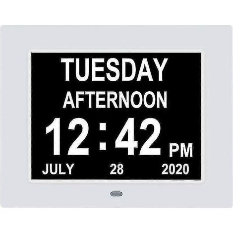 Horloge numérique pour personnes atteintes de démence, horloge calendrier, horloge date, grand écran affichant clairement l'heure et la date (blanc). (1/5)