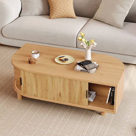 Tavolino da caffè con contenitore, 2 ante scorrevoli, 100 x 50 x 35 cm, MDF, naturale REDOM (1/5)
