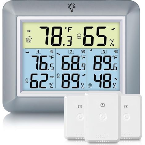 Station météo sans fil avec thermomètre et hygromètre numérique, 3 capteurs à distance, enregistrement min/max, commutateur ℃/℉, rétroéclairage, gris (1/5)