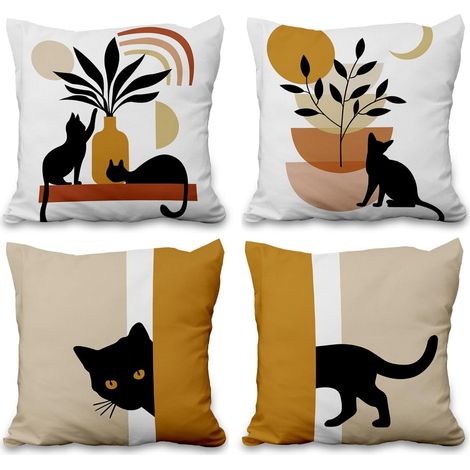 61x61cm Lot de 4 Chat Noir Housse De Coussin Bohème Abstrait Art Lin De Coussincarré Taie d'oreiller Décoration pour Ferme Extérieur Patio Jardin Salon Canapé Chambre À Coucher Cadeaux (1/5)