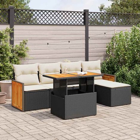Set sofás jardín y cojines 6 pzas ratán sintético acacia negro
