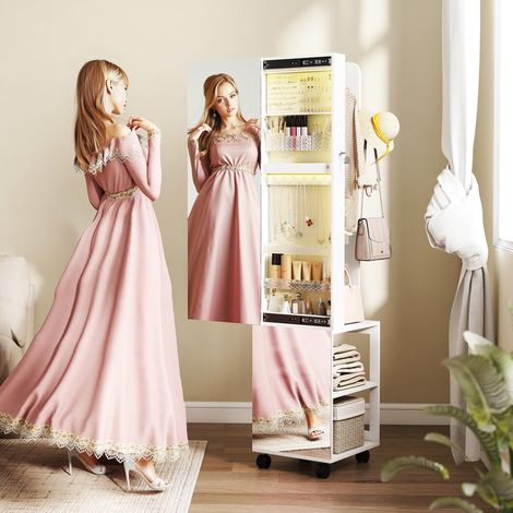 Miroir à bijoux avec éclairage LED Armoire à bijoux rotative à 360° Serrure et clés Surface blanche et doublure beige