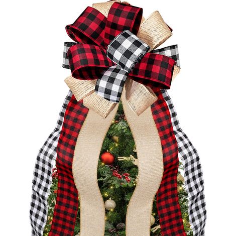Grande étoile de sapin de Noël à carreaux Buffalo, nœud cadeau en toile de jute fait main pour la décoration des fêtes de fin d'année, rouge et noir. (1/5)