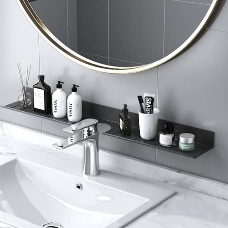 Porte-accessoire mural de salle de bain 50 cm - Avec découpe pour robinet - Sans perçage - Aluminium - Étagère de rangement - Noir (1/5)