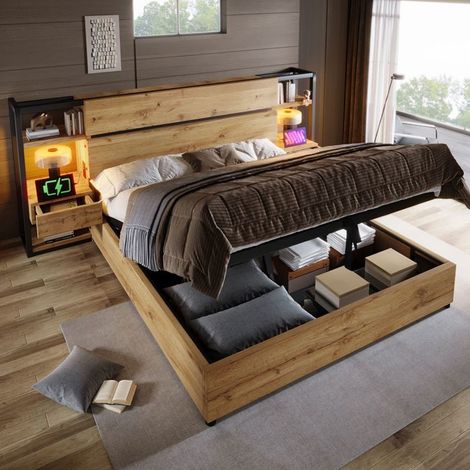 Lit coffre - SOGEU - 180x200 - Chêne et métal - Ouverture assistée & grand coffre - Ports USB + Type-C (1/5)