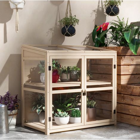 Mini serre en bois à 2 niveaux avec double porte et fenêtre de toit 103 x 61 x 103 cm HAVRYA (1/5)