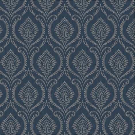 Fine Decor Crown Estelle Damask Navy Wallpaper Textured Paste The Paper