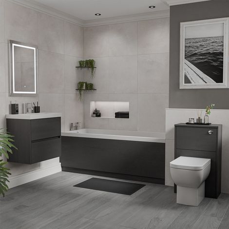 Kendel 1700mm x 700mm Straight Single Ended Bathroom Suite including Graphite Grey Furniture Set with Slim Edge Basin (1/5)