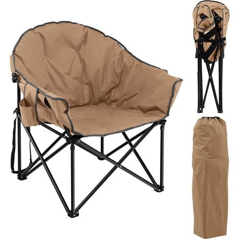 GOPLUS Chaise de Camping Pliante, Fauteuil Portable XL avec Coussin Rembourré, Porte-gobelet, Sac de Transport, Chaise Pliante pour Pêche, Randonnée, Plage, Charge 136 KG (Brun) (1/5)