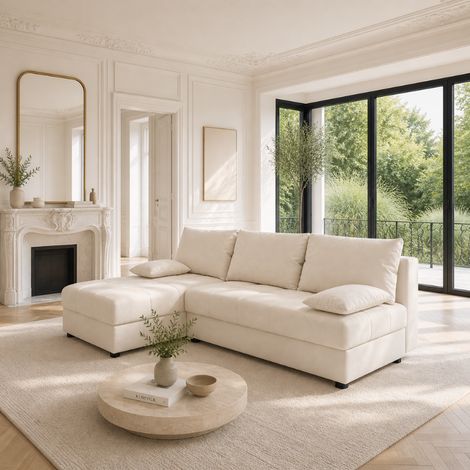 MOSIA - Canapé d’angle convertible en tissu avec coffre de rangement - 3 places - 200 cm - Beige (1/5)