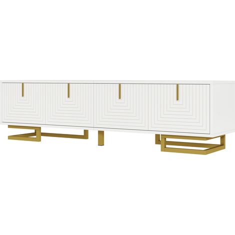 Meuble TV blanc avec portes texturées, poignées et pieds dorés, 160x38x44,5 cm (1/5)