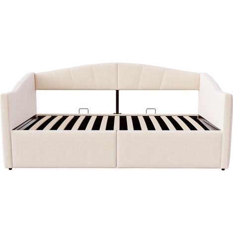 Divano letto capitonné 90 x 200 cm in velluto beige con sollevamento idraulico e braccioli (1/5)