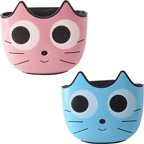 Porta spugne, cestello da appendere al lavello, scolapiatti da appendere, organizer da appendere, organizer per lavello in plastica con motivo a gatto dei cartoni animati per cucina e bagno (blu e ros