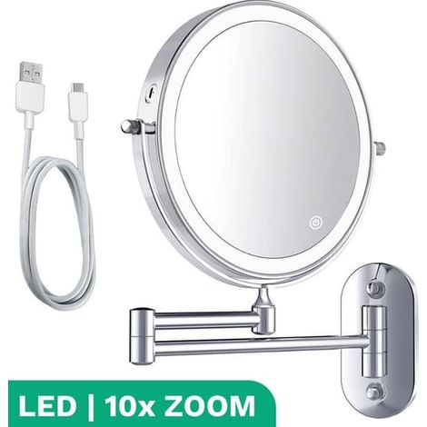 Miroir de maquillage mural chromé avec éclairage LED - Grossissement x10 - Salle de bain - Gris (1/4)