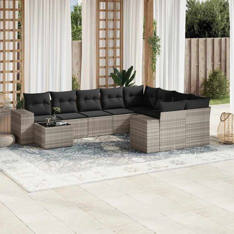 Set sofás jardín 10 pzas con cojines ratán sintético gris claro vidaXL (1/5)