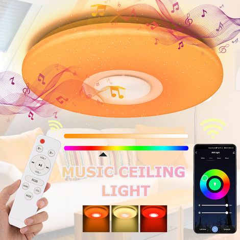 Wolketon Plafonnier LED Bluetooth avec Enceinte, Télécommande et Couleurs RGB – pour Salon & Chambre
