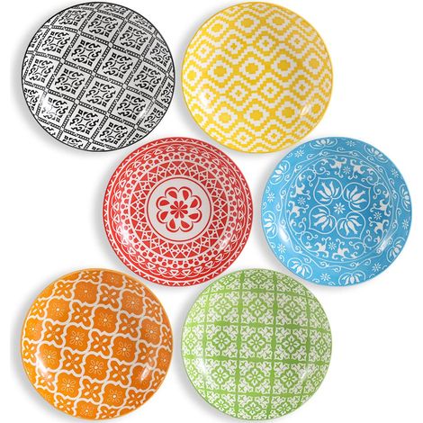 Assiette Creuse Porcelaine Service - Lot de 6 Colorées - Assiette Ceramique a Pates Salade Soupe Risotto Couscous - Passe au lave vaisselle et au micro onde - 20 cm (1/5)