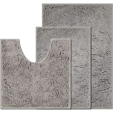Lot de 3 tapis de bain en chenille, antidérapants, lavables, confortables et doux, pour douches, baignoires, toilettes, gris clair