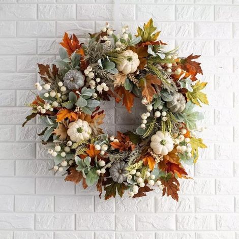 Künstliche Herbstkränze für die Haustür, rustikaler Herbstkranz mit Kürbis, Rosen, Beerenzweigen, gemischtem Laub, Erntedankkranz, Herbsttürkranz für Halloween, Erntedankfest, Dekoration für drinnen u (1/5)