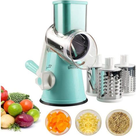 Coupe-légumes manuel, râpe à tambour, hachoir à fromage avec 3 inserts en acier inoxydable (bleu) -A (1/5)
