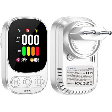 Détecteur de gaz et de monoxyde de carbone à brancher à domicile, détecteur de CO, détecteur de gaz combustible pour gaz naturel (GPL, méthane, propane, butane), blanc, HD08-G XXW (1/4)