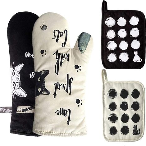 Gants De Four - Maniques Cuisine - Coton - Résistant Chaleur Jusqu'à 230 °C - Thème Chats - Ensemble 4 Pièces